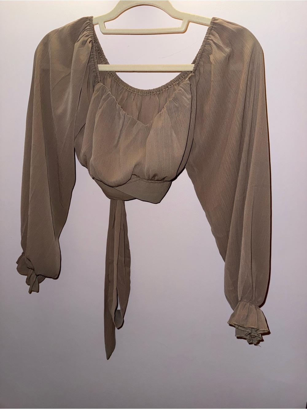 Lyaner Taupe Tie-back Puff Sleeve Blouse